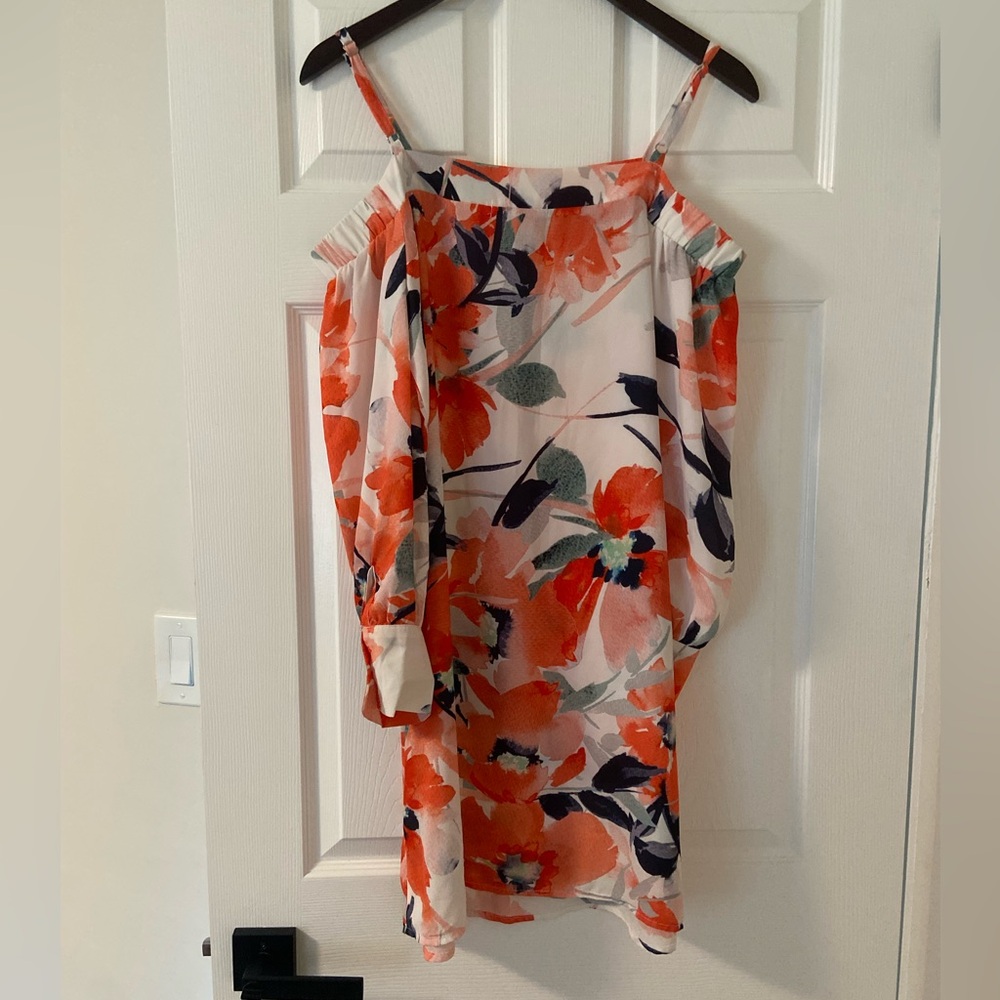 bishop + young orange floral off the shoulder long sleeved mini dress (no belt)